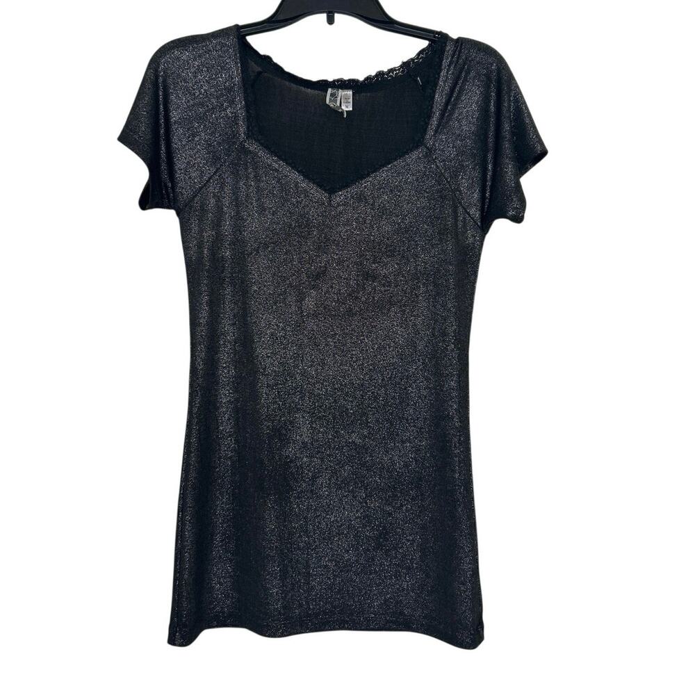 BKE Y2K Whimsigoth Metallic Shimmer Knit Lace Trim V Neck Top M Indie Grunge
